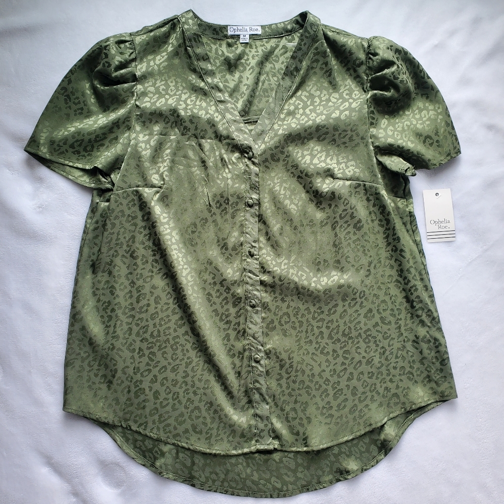 NWT Olive Green Leopard Print Ophelia Roe Blouse Puff Sleeve
